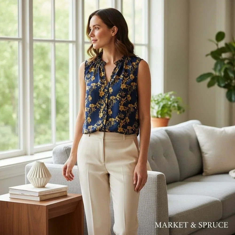 Market & Spruce Floral Sleeveless Ruffle Blouse Navy & Yellow Womens Large - Picture 14 of 14